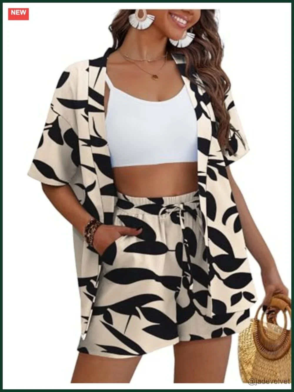 2 Piece Hawaiian Swimsuit Cover Up Kimono Beach Set with Shorts Pockets